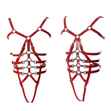 Красный кожаный ремень для бюстгальтера, сексуальный комплект нижнего белья, готический панк фетиш, для женщин, с вырезами, для тела, для связывания, для танцев, фестивальный рейв