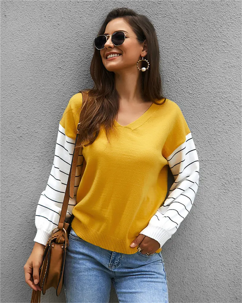 

2019 Autumn Winter Color Block Knitted Striped Women Sweater V-neck Patchwork Long Sleeve Pullover Sweaters Office Lady Tops