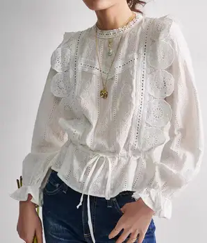 

Hollow out embroidered Retro women shirt 2020 new long sleeve o-neck temperament lady shirt casual wild tops