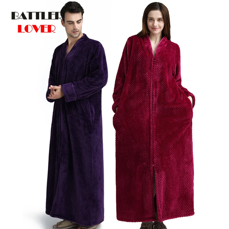 Women Men Thermal Luxury Flannel Extra Long Bath Robe Winter Sexy Grid Fur Bathrobe Warm Kimono Dressing Gown Bridesmaid Robes