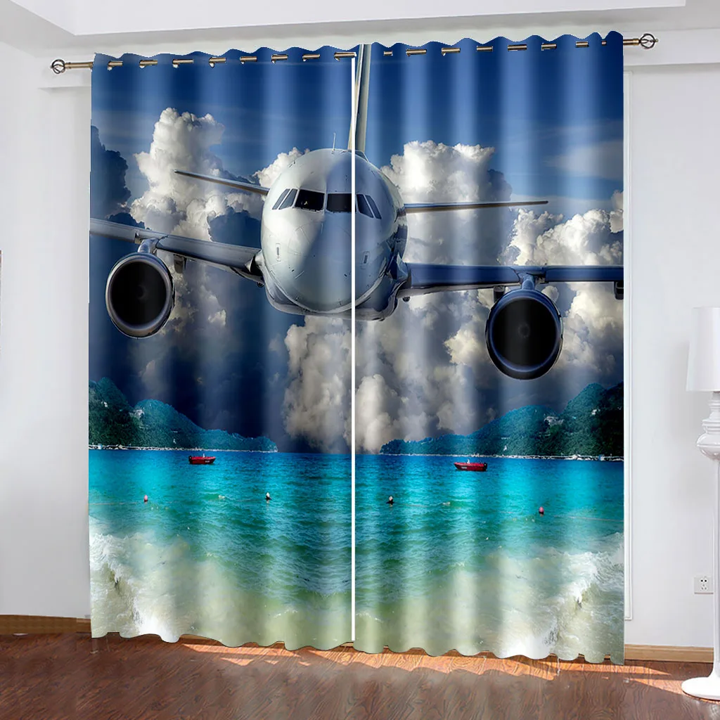 

Airplane Printing Woven Curtains Bedroom Blackout Curtains Two Separate Curtains on The Left and Right