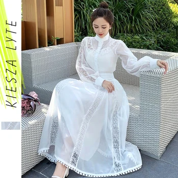 

Women Summer Two Piece Set Sexy White Lace Stitching Hollow Out Skirt Set Blouse Top+Midi Skirt High Waist Two Pieces Outfit