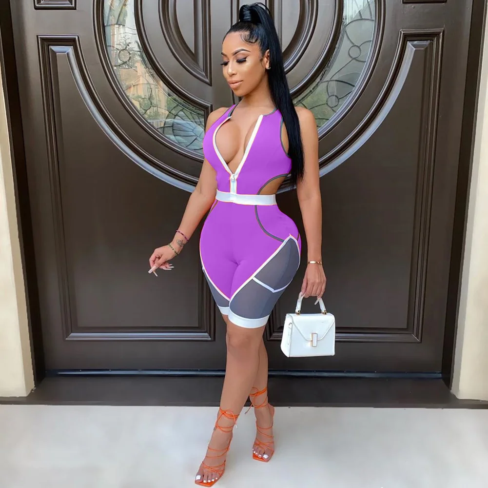 Skinny Patchwork été barboteuse Sexy femmes sans manches moulante décontracté combishort salopette