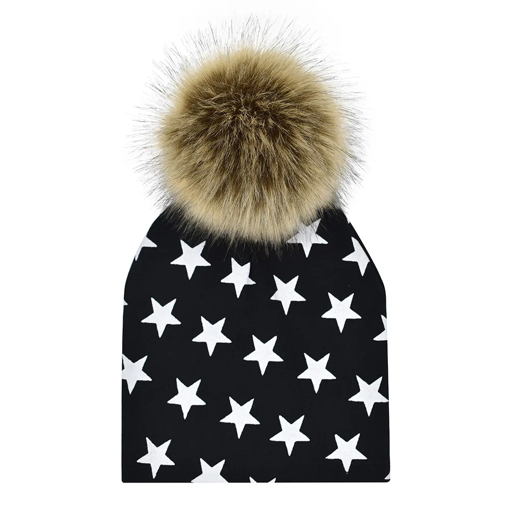 Black Gypsophila Pompom Baby Beanie Hats Caps Baby Winter Autumn Cotton Printing Girls Boys Toddler Hat For 6 Months to 4 Year Photography Props - Color: Black Gypsophila