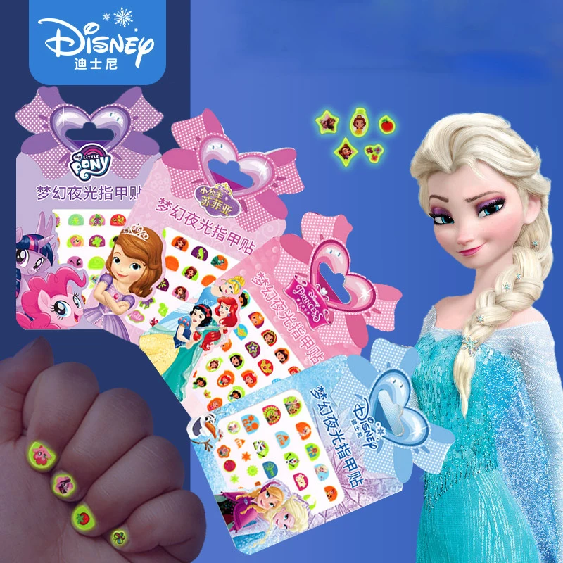 

Girls Disney Frozen 2 Elsa Anna Glow In Dark Nail Stickers Makeup Toys Princess Sofia Pony Kids Luminous Nail Art Stickers Decor