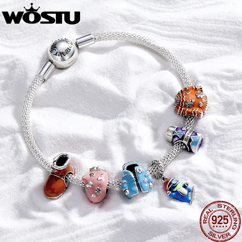 

WOSTU Real 925 Sterling Silver Sweater Gloves Bead CZ Cotton Shoes Charm Snowman Pendant DIY Fit Original Bracelet Jewelry Gift