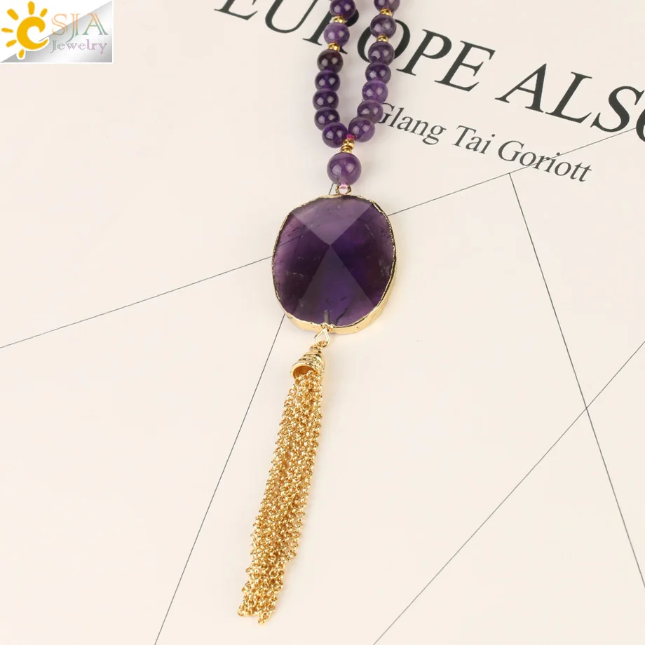 Csja длинное с натуральным драгоценным камнем аметисты ожерелье из бисера фиолетовая кристальная подвеска Бохо кисточка золотого цвета ожерелье s для женщин мужчин S470