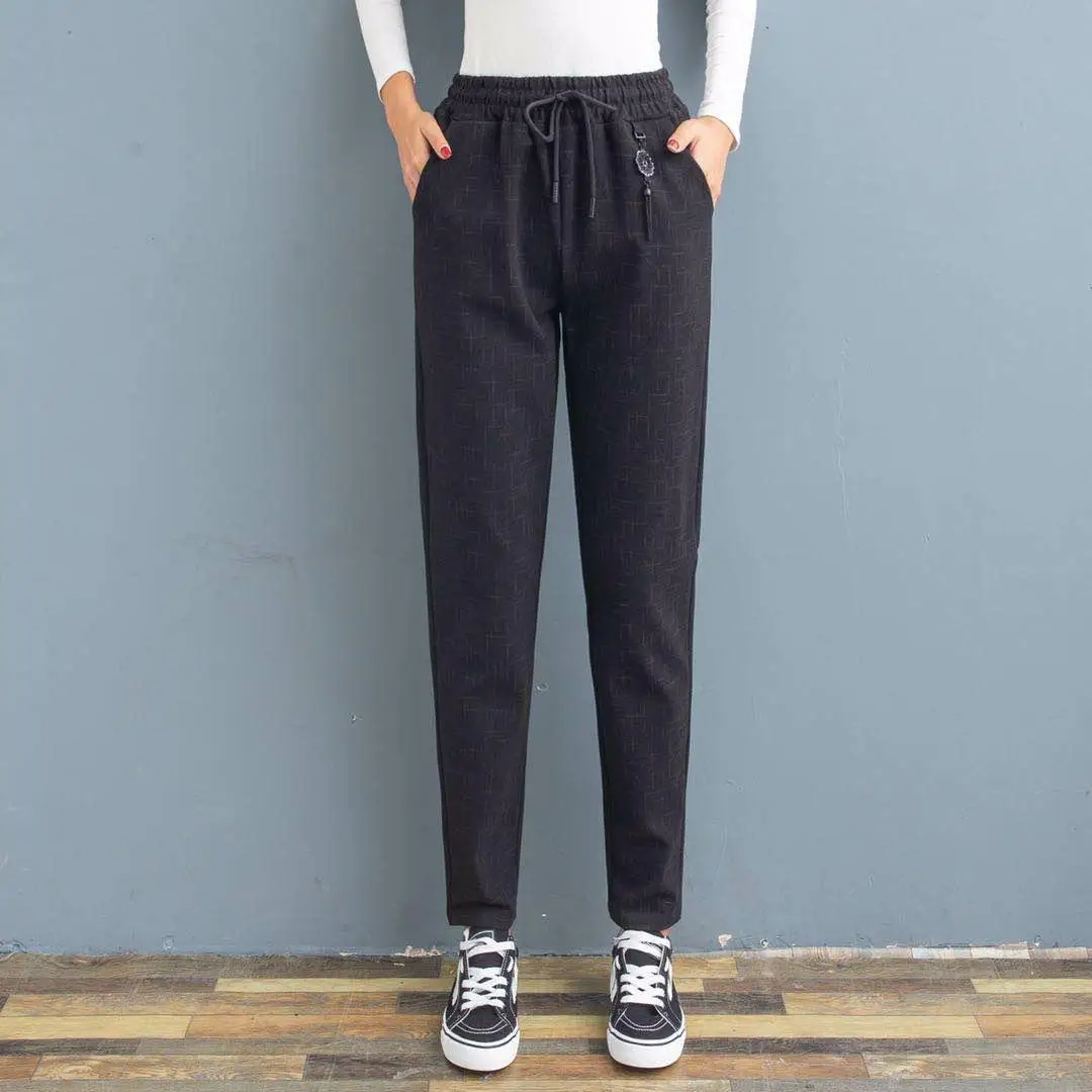 

2020 New Women Casual Plaid High Waist Pants Drawstring Elastic Sweatpants Straight Women's Ladies Pocket Black Trousers