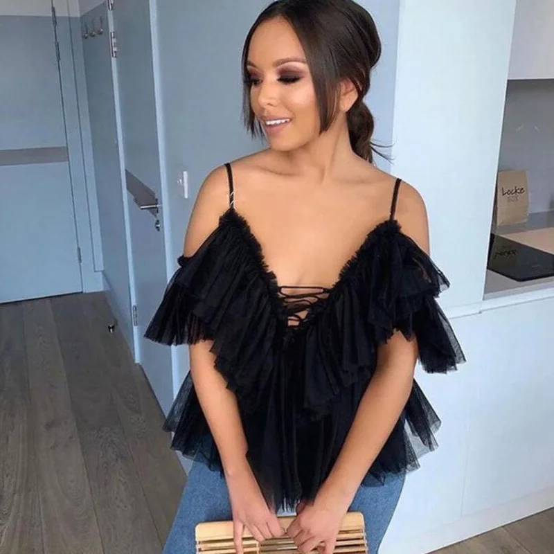 

2019 Summer Spaghetti Strap V Neck Blouses Women Lace Up Front Ruffles Off Shoulder Shirt Tops Elegant Streetwear Blouse