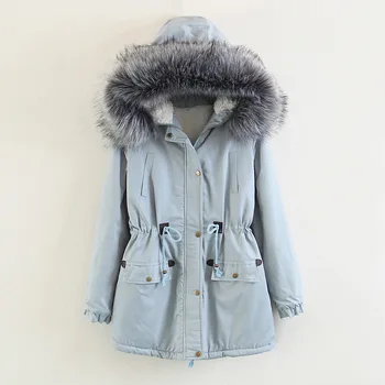 

Girl Quilted Jacket Faux Fur Collar Hooded Light Blue Parka Women Thick Cotton Fluffy Coat Female Plus Size Winter Long Parka