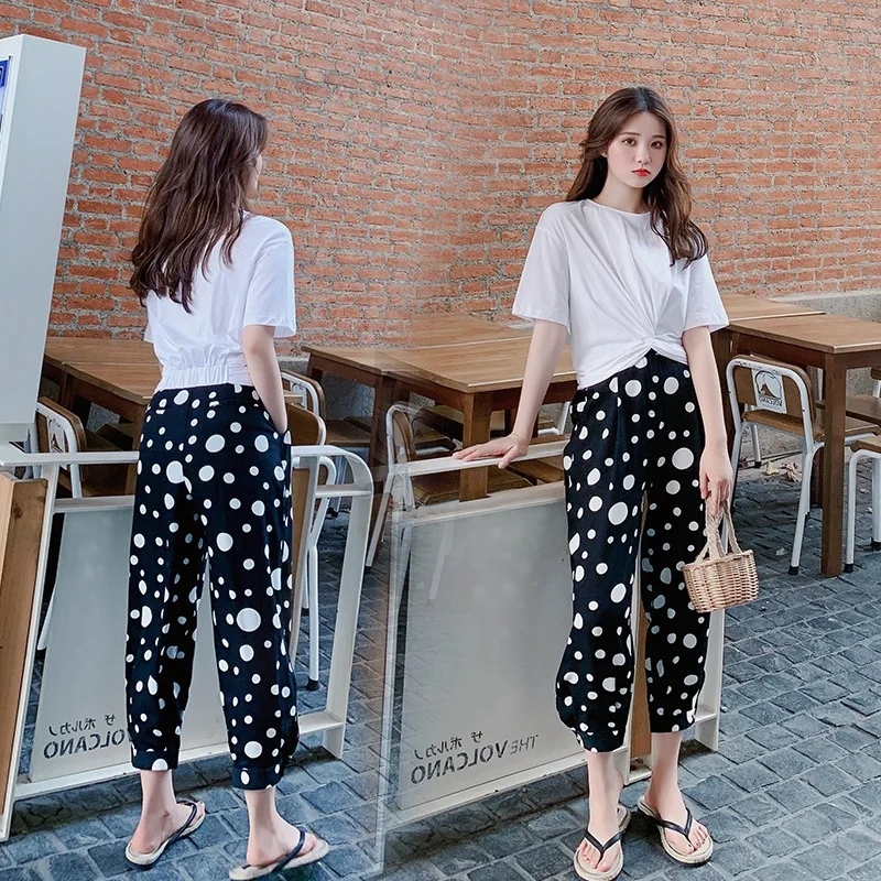 

Photo Shoot CHIC Retro Chiffon Polka Dot High-waist Ankle-length Straight-leg Pants round Neck White Cross Pleated T-shirt WOMEN