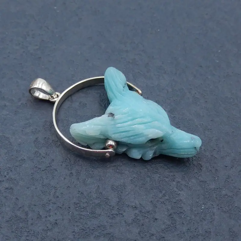 Natural Amazonite Handmade Animal Wolf Head With Silver Buckle Pendant For Men Blessing Modish Ornament Best Gifts 30x21x10mm 6g