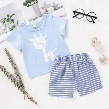 

PatPat 2020 New Summer Giraffe Print Short-sleeve Tee and Striped Shorts Set Baby Toddler Girl Sets Baby Clothes