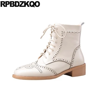 

Shoes Beige Fashion Fur Women Booties 9 Chunky Brogue Round Toe Winter Military Front Lace Up Casual Ankle Boots Autumn Combat