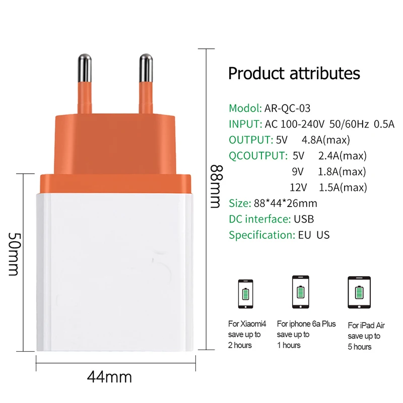 3 порта USB зарядное устройство для мобильного телефона Быстрая зарядка QC 3,0 Быстрая зарядка настенное зарядное устройство EU переходник для iPhone huawei Xiaomi samsung