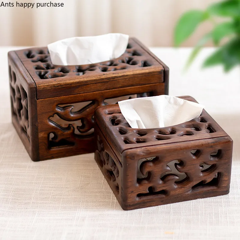 

Retro Square Hollow Wooden Coffee Table Tray Living Room Bedrooom Household Solid Wood Paper Box Home Storage Tissue Boxes
