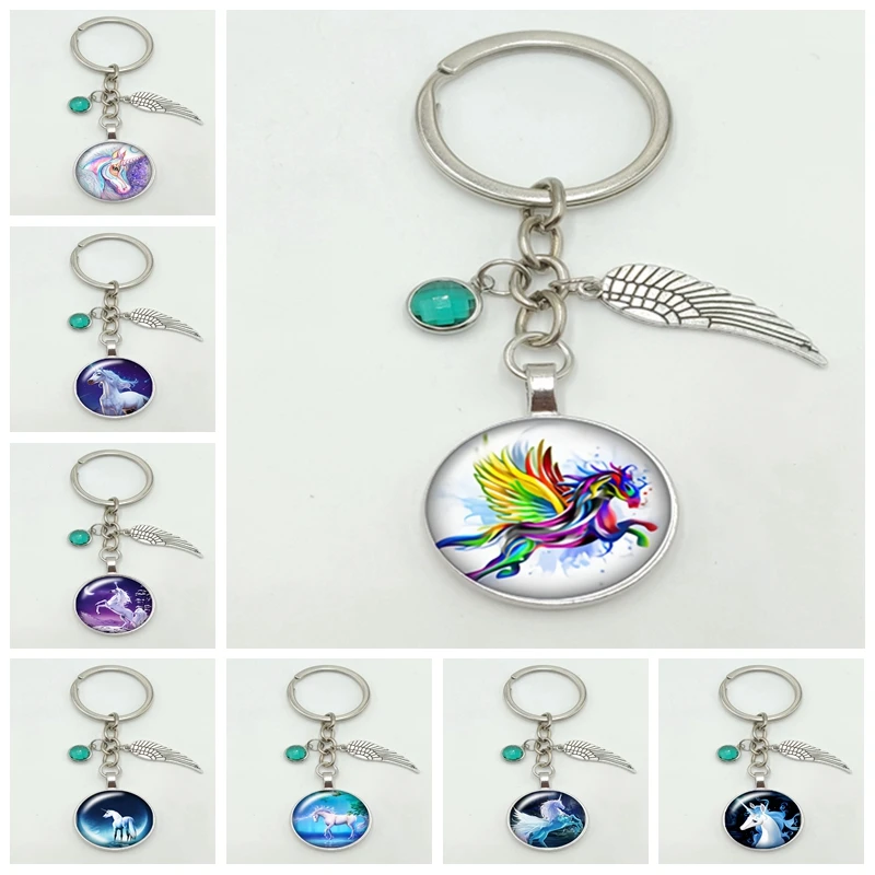 

2020 New Hot Retro Wind Unicorn Series Alloy Key Chain Glass Convex Round Key Chain Fashion Bag Pendant Jewelry Gift