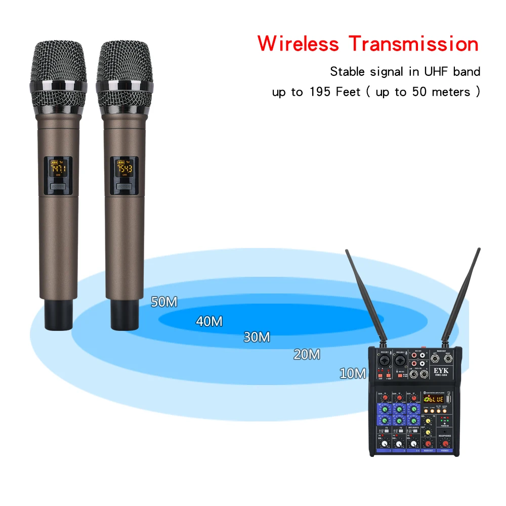 EYK Stereo Audio Mixer Build-in UHF Wireless Mics 4 Channels Mixing Console with Bluetooth USB Effect for DJ Karaoke PC Guitar