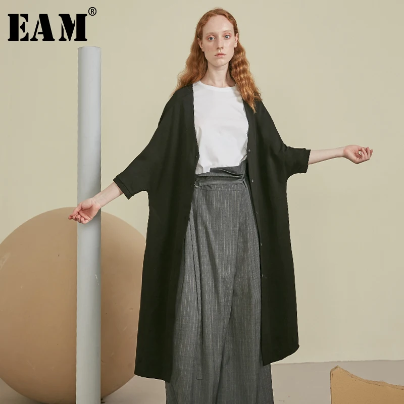 

[EAM] Loose Fit Big Size Knitting Jacket New Lapel Three-quarter Batwing Sleeve Women Coat Fashion Tide Autumn Winter 2019 1B171