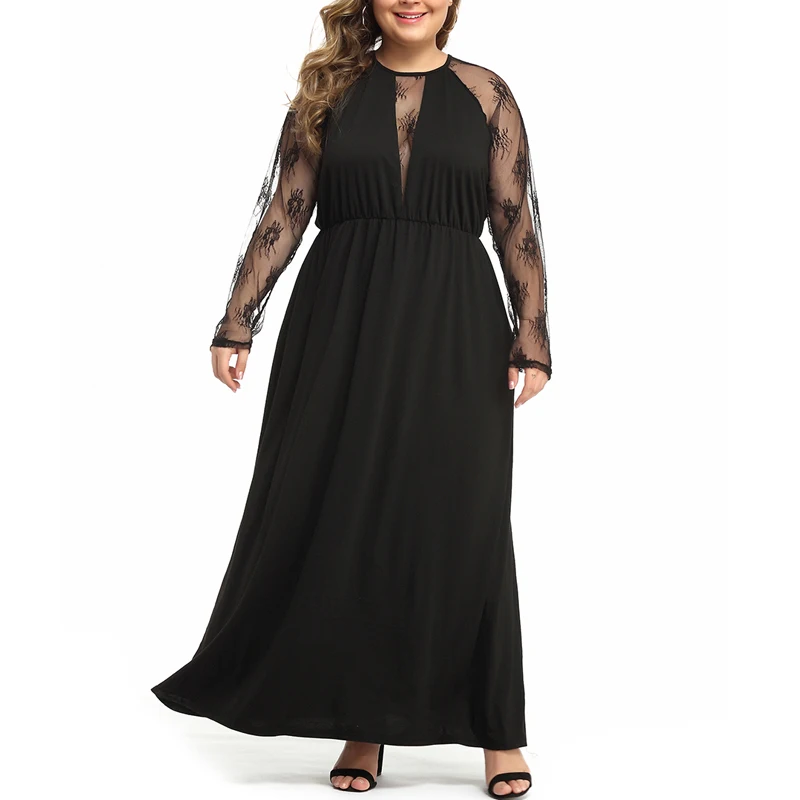 MISSJOY XL-5XL осеннее женское платье повседневное с длинными рукавами сексуальные сетчатые с выемкой лоскутное кружево черный женский халат вечерние элегантные Плать