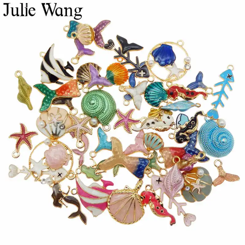 

Julie Wang 10PCS Enamel Marine Organism Charms Alloy Random Mixed Mermaid Shell Fish Necklace Bracelet Jewelry Making Accessory