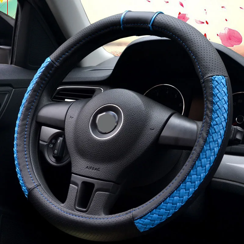 Автомобильный чехол на руль с оплеткой из плетеной кожи, розовый, красный, синий, золотой, 35, 36, 37, 38 см, диаметр 14 дюймов, 15 дюймов, чехлы на руль, автомобильные аксессуары