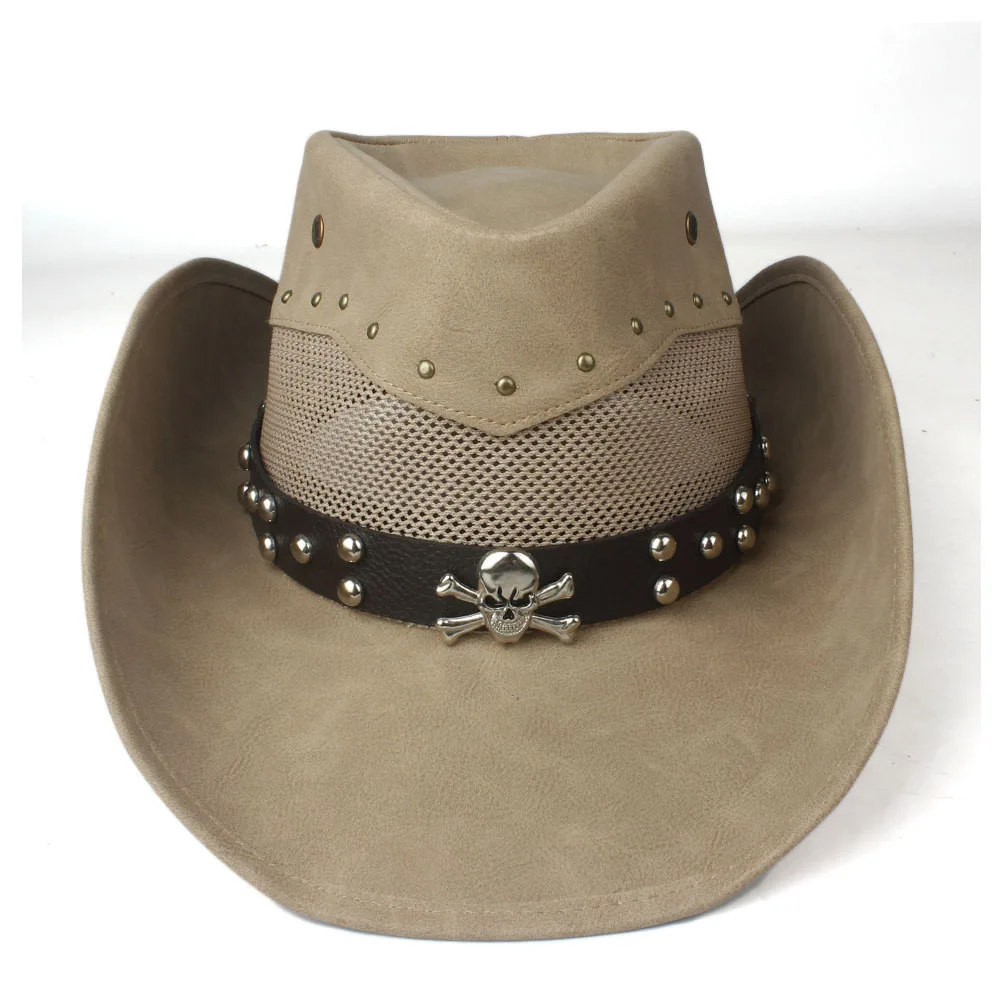 Кожа для мужчин и женщин сетка западная ковбойская шляпа широкая шляпа Открытый Sombrero Hombre Женская Ковбойская шляпа призрак