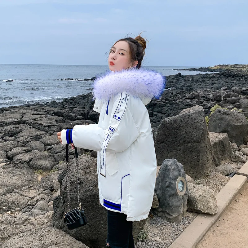 

2019 Winter Korean-style Printed Lettered down Jacket Women's Mid-length Cotton-padded Clothes Large Fur Collar Cotton Coat