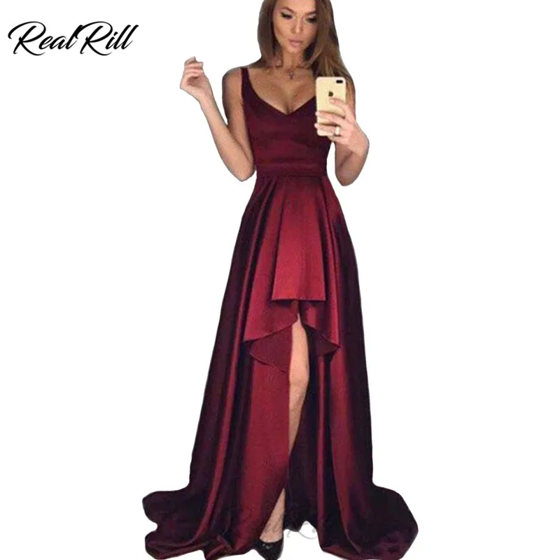 

Real Rill V Neck High-Low Evening Dress 2019 Long Satin Lace Up Back Formal Dress Sleeveless Asymmetrical Evening Gown