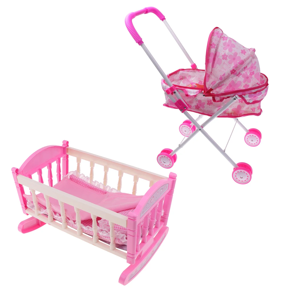 Baby Doll W/ Stroller Pram Buggy and Bed Cradle Girls Toy Foldable Pushchair Kids Toys