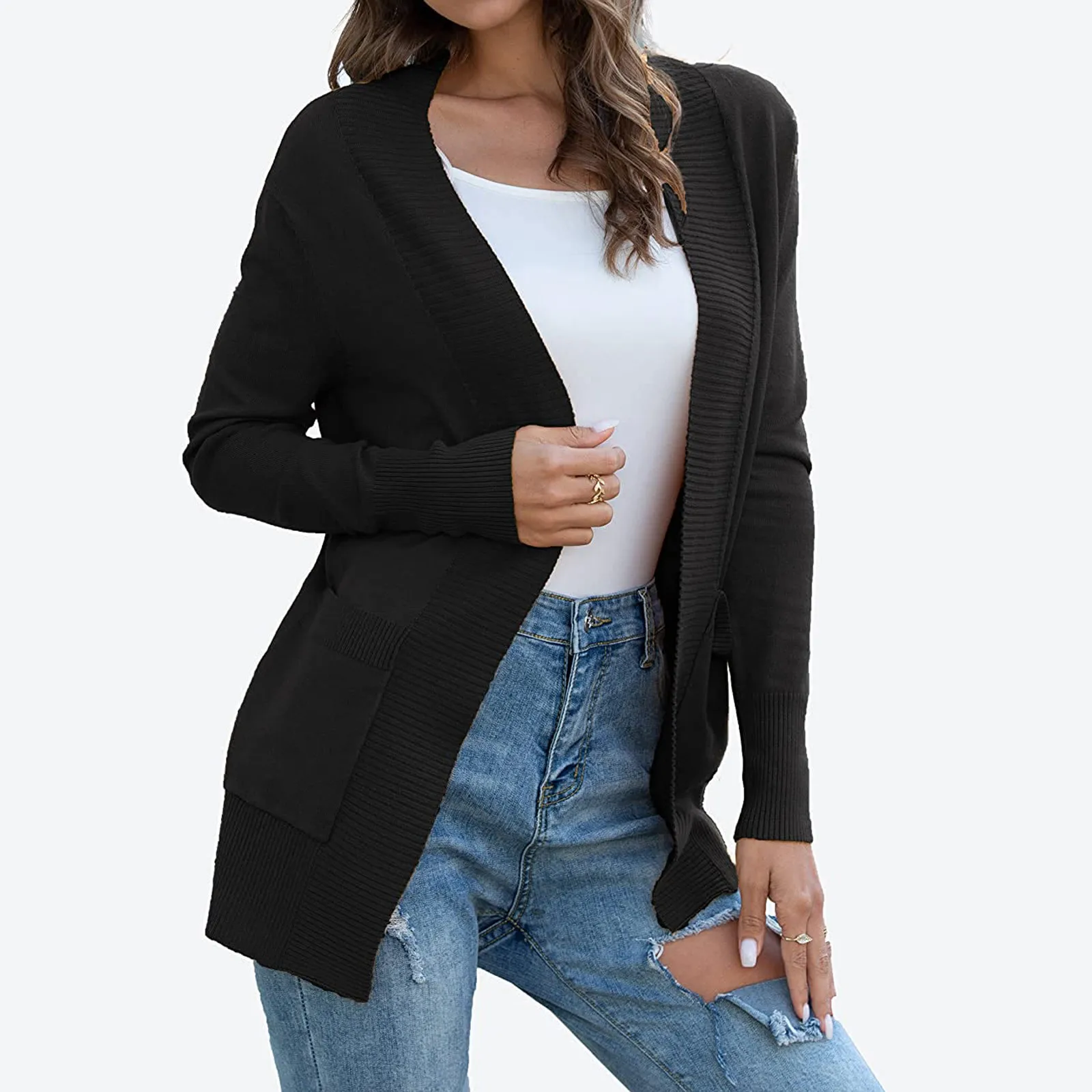Women's Solid Color Slim knitting Cardigans With Pockets Female Casual Lightweight Open Front Cardigan Sweaters Coats 1