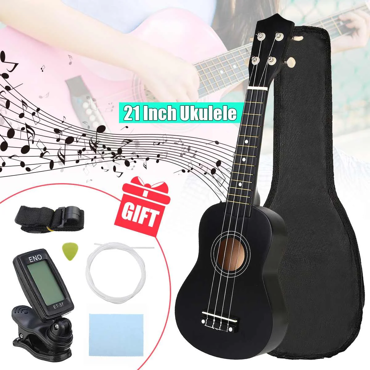 Soprano Ukulele 21 inch Basswoood Beginner Ukelele 4 Strings Hawaiian Guitar Musical Instrument Kids Gift Uke +Tuner+Pick+Strap ► Photo 1/6