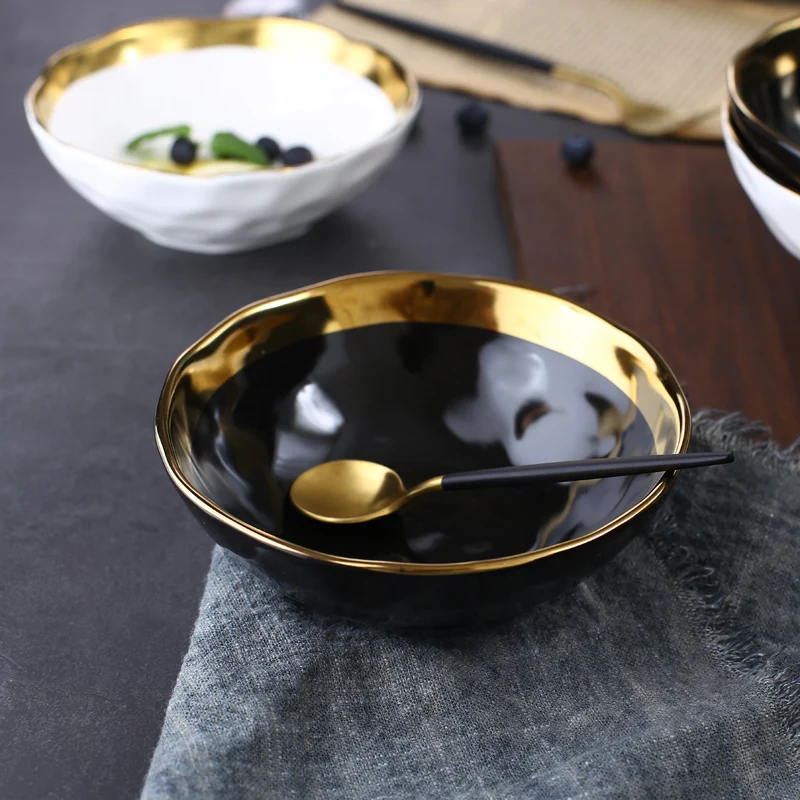 Золотая инкрустация Коллекция Посуды керамическая тарелка и чаша с золотым краем посуда белый и черный набор посуды