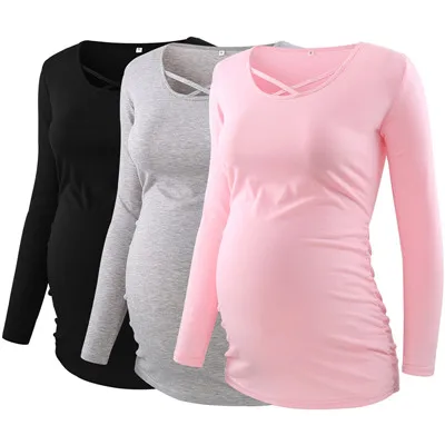 3 pcs as pic Комплект из 3 шт.; блузки для беременных; Топ; футболка; женская блузка с длинными рукавами и рюшами сбоку; Одежда для беременных; красивые блузки; футболка - Цвет: 3 pcs as pic
