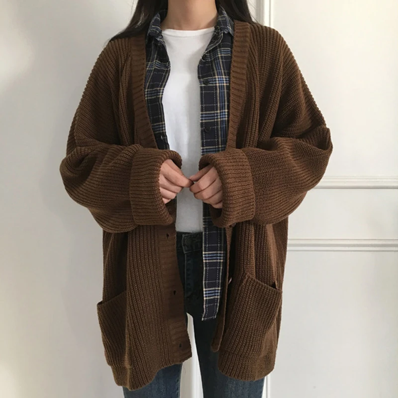 Women Autumn Knitted Cardigan 2019 Breasted Button Casual Loose Sweater Outwear Solid Pink Beige Female Sweaters |