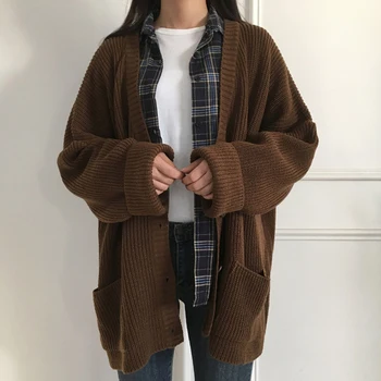 

Women Autumn Knitted Cardigan 2019 Breasted Button Casual Loose Sweater Outwear Solid Pink Beige Female Sweaters