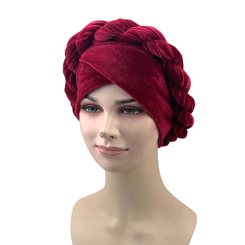 wine red Новая бархатная мусульманская шляпа для женщин в виде скрученной косы тюрбан кепки шляпы для химиотерапии банданы женские головные уборы аксессуары для волос платок - Цвет: wine red