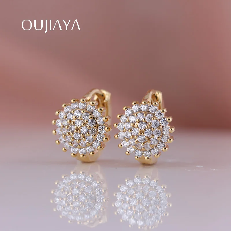 OUJIAYA Simple Exquisite 585 Rose Gold round earrings Natural Zircon Fine Jewelry Women Dangle Earrings RU Hot Party Wedding A59