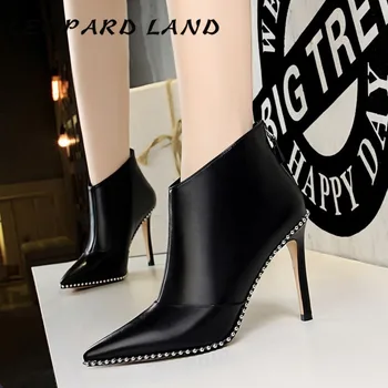 

LEOPARD LAND Winter Bare Women's Boots Nightclub Sexy Booties Slim Thin High-heeled Pointed Rivets Women's Booties DS-126-15