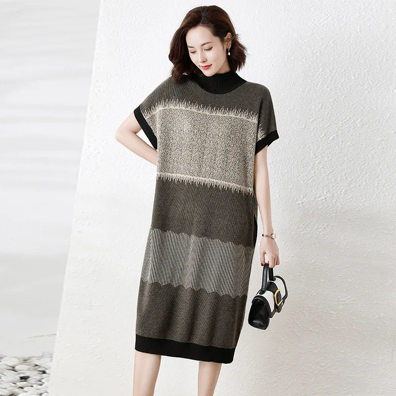 

51020 Autumn Women Knitted Dresses Striped Fashion Vintage Patchwork Color High Collar Female Short Sleeves Casual Mid Dress New