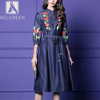 

AELESEEN 2020 Spring New Elegant Dark Blue Office Lady Cotton A-Line Dresses Cherry Button Luxury Floral Embroidery Midi Dress