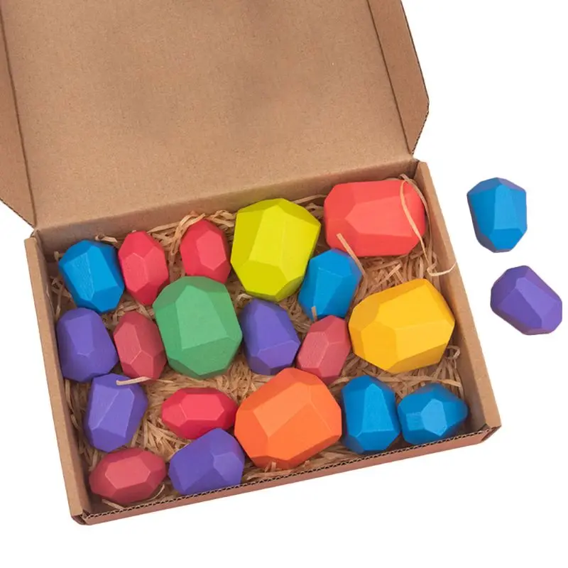

21 Pcs Children Wooden Colored Stone Stacking Game Building Block Education Toy