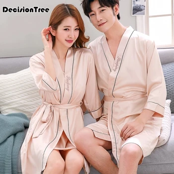 

2020 nightgown sleepshirts men kimono robe faux silk bath gown sleepwear lounge casual silky nightwear female dress