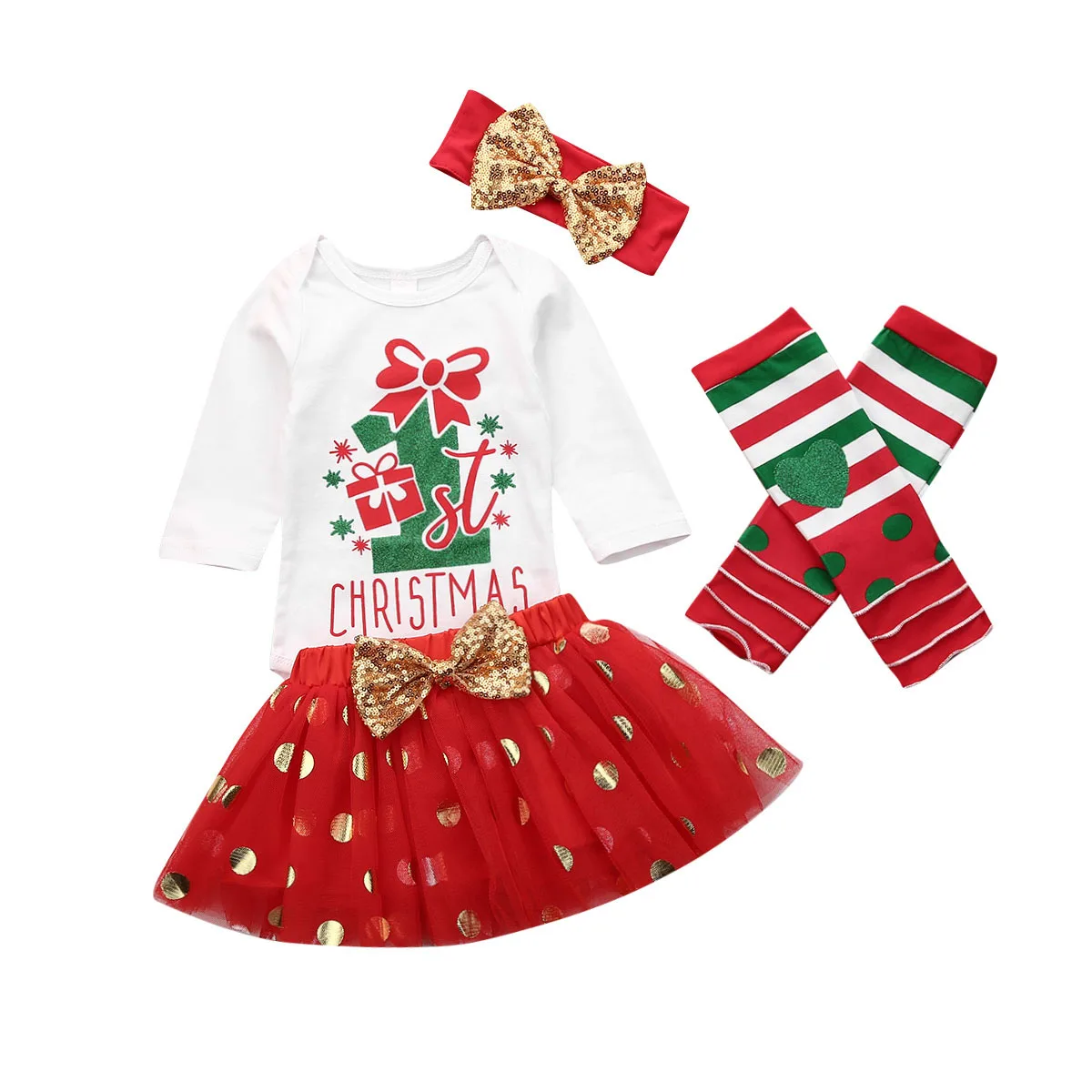 

My 1st Christmas Newborn Baby Girl Long Sleeve Cotton Bodysuit Tops Tutu Bow Skirt Headband Leg Warmer 4PCS Xmas Clothing Set
