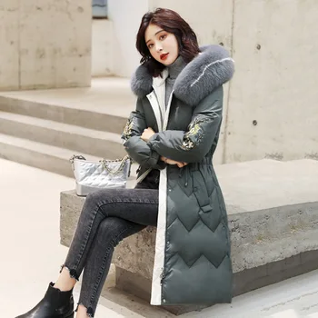 

2020 New Winter Fashion Korean Slim Parka Embroidery Girdling Warm Big Fur Casual Cotton-padded Jacket Loose Hooded Female Coat