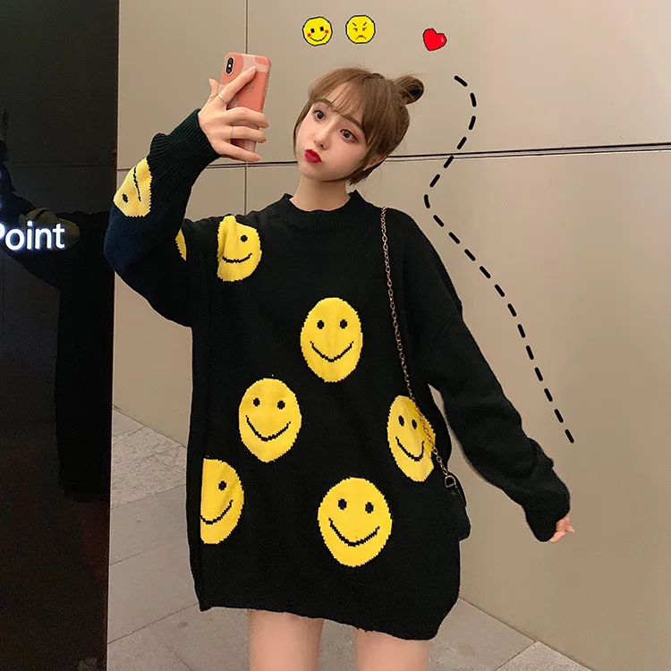 Casual Loose Knitted Women's Smile Face Sweaters - true deals club