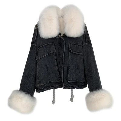 black coat beige fur Джинсовая куртка с меховым воротником и манжетами для женщин, парки из натурального меха, женская зимняя куртка, модные пальто, Воротник из меха кролика рекс - Цвет: black coat beige fur
