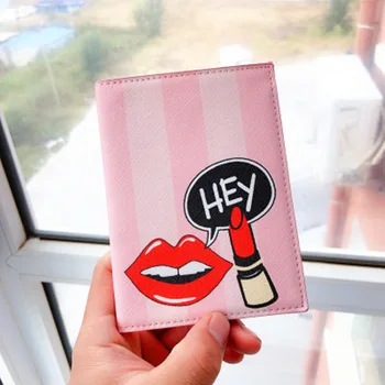

Red Lip Lipstick Pink Passport Holder Credit Card Holder Leather Women Card Case ID Organizer