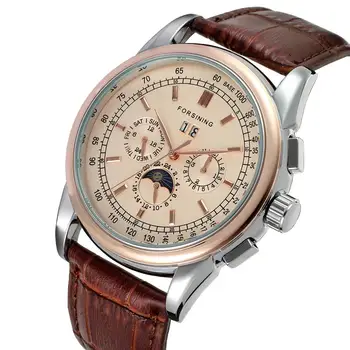 

Forsining Moon Phase Shanghai Movement Rose Gold Case Brown Genuine Leather Strap Mens Watches Top Brand Luxury Auotmatic Watch