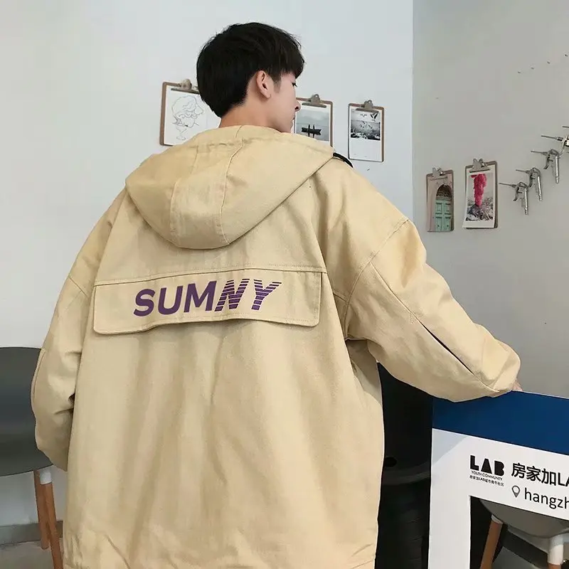 

2019 Autumn And Winter Men's New Casual Solid Color Letter Pattern Printing Hooded Zipper Jacket Loose Temperament Trend Cotton